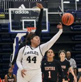 West Hills College's Luzelena Parks reaches for a rebound in Friday night's 56-34 loss to visiting Ventura College in the Golden Eagle Arena.